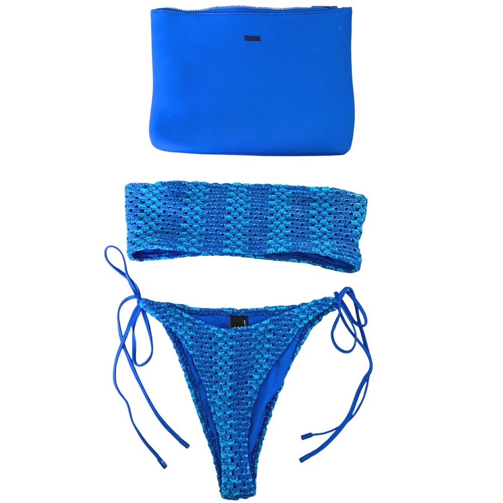 Triangl Womens Bikini Set M Blue Crochet Bandeau String Tie Resortwear Coastal